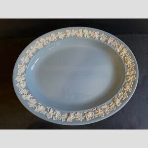 Vintage Wedgwood of Etruria Embossed Queensware Cream-on-Blue Platter 14.5"